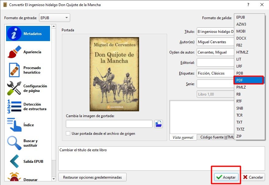 Convertir EPUB en PDF con Calibre