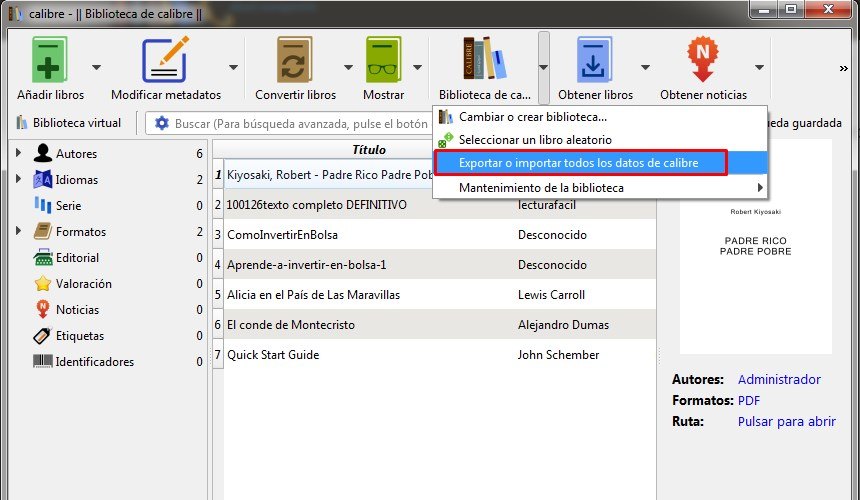 Opciones de la biblioteca de Calibre